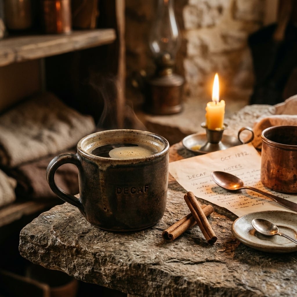 Evening Ember Decaf coffee in ceramic mug with cinnamon